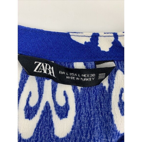 ZARA Blue Print Mini Dress Button Oversized Ruffle Peplum Pintuck Womens Large - Picture 7 of 12